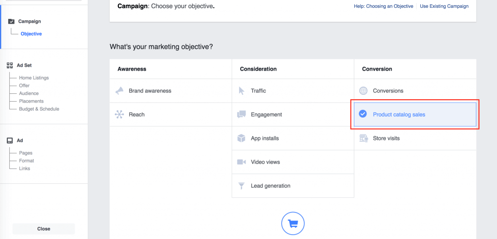 facebook home listing campaigns conversion selection