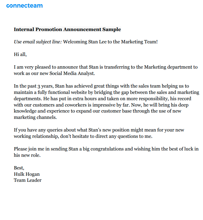 wording for promotion announcement