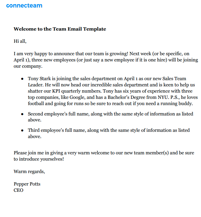 Welcome To The Team Email Template