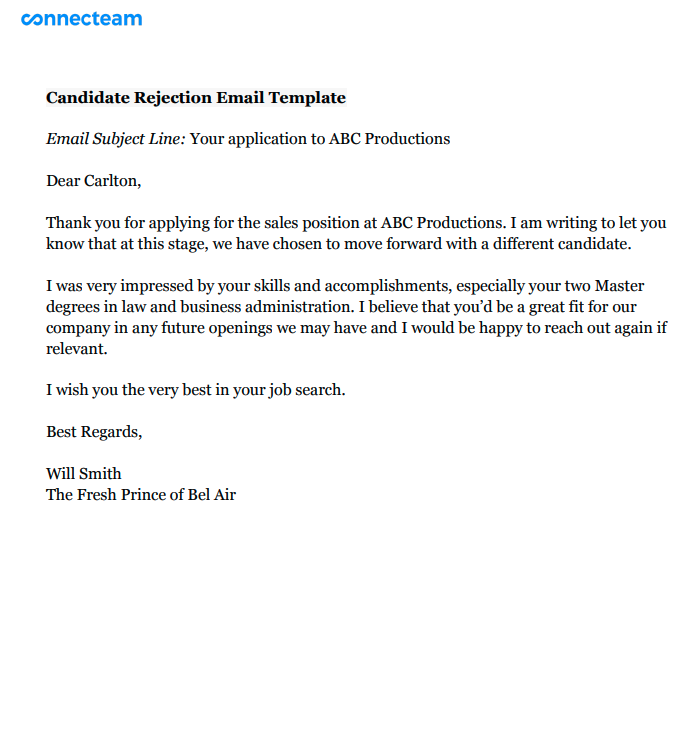 application rejection email