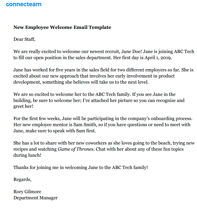 welcome new employee message