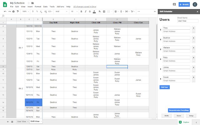google sheets staff scheduling software interface