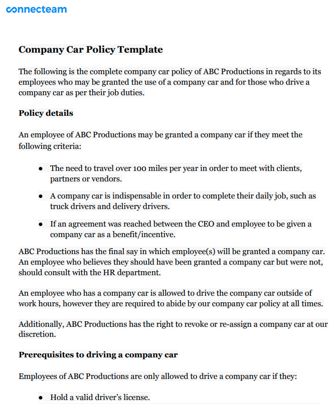 Company Vehicle Use Policy Template