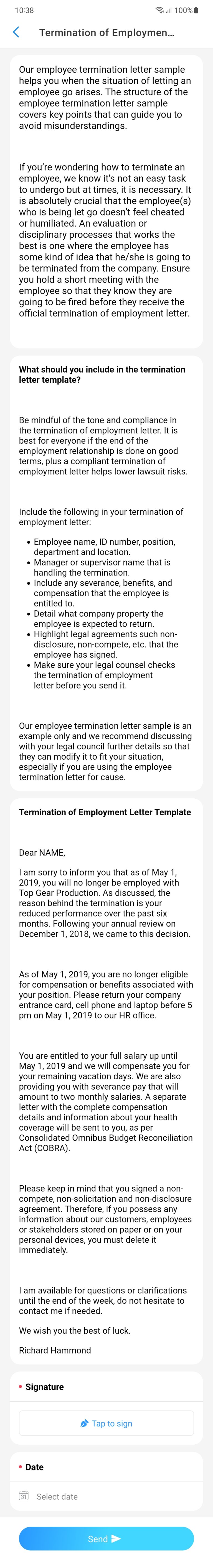 Employee termination letter - mobile view