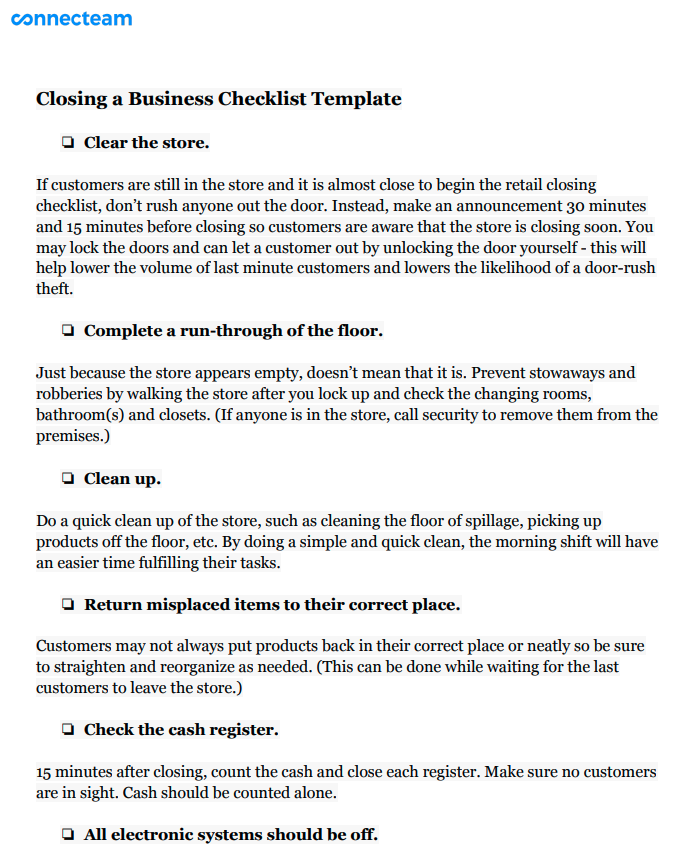 Closing a Business Checklist Template