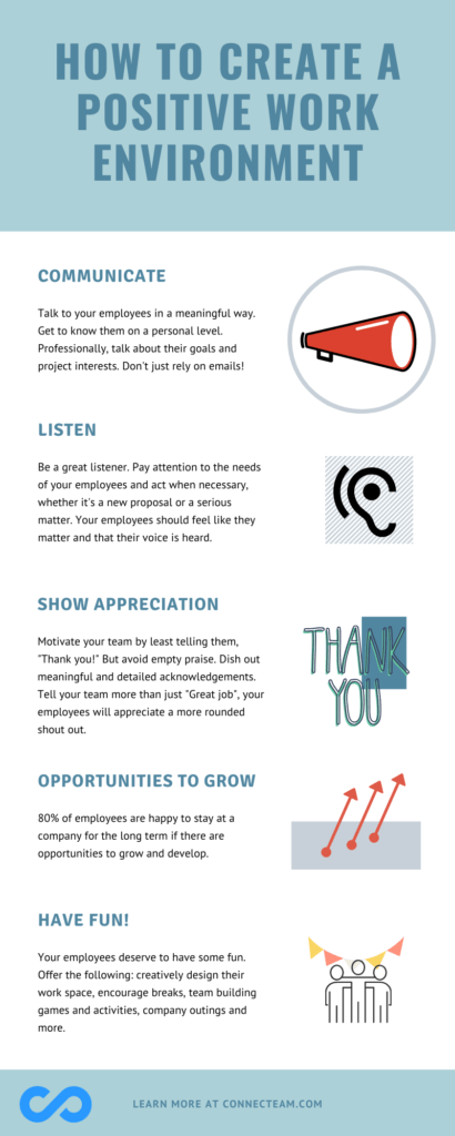 Positive work environment infographic by Connecteam