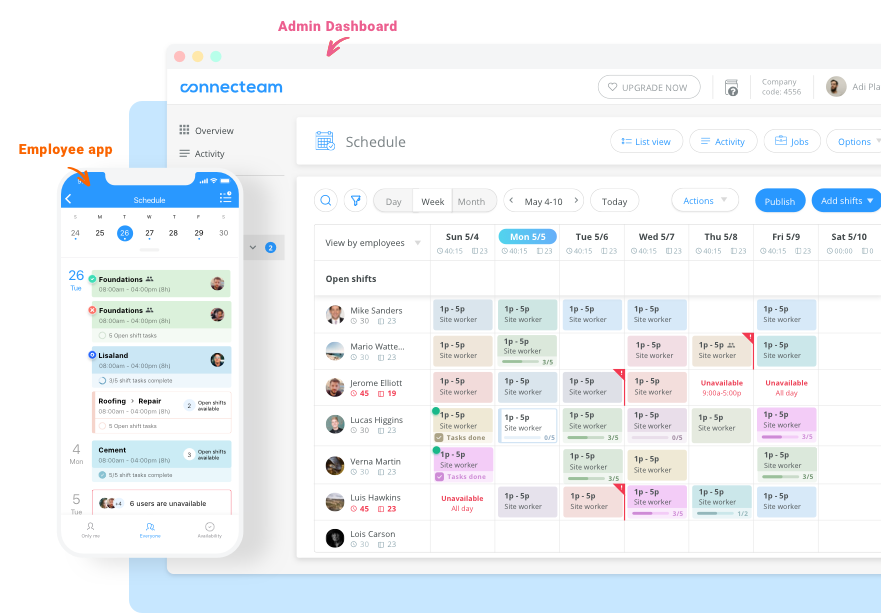 Connecteam’s admin dashboard and employee app
