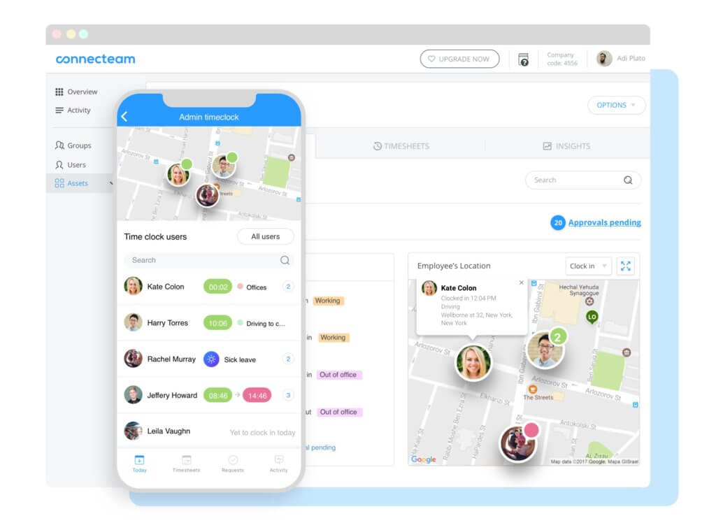 Connecteam fleet management web platform and app showing employee locations on a map.
