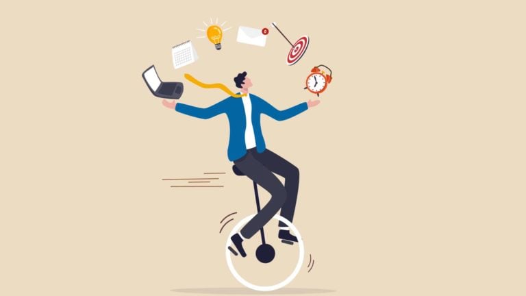 A graphic of a worker riding a unicycle juggling many tasks