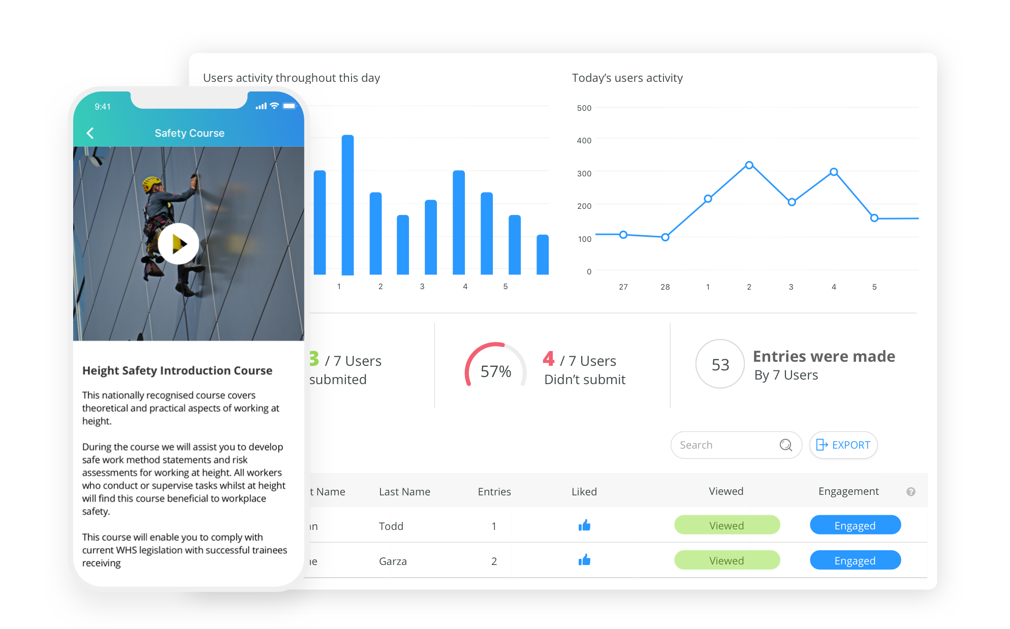 Connecteam employee training tracking software dashboard and mobile user interface