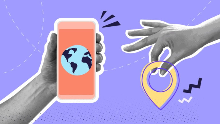 A collage of hands holding a mobile phone and a map marker to symbolize attendance tracking software