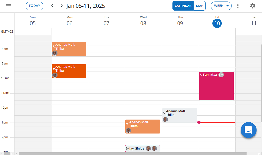 Housecall Pro calendar view displaying a weekly schedule with jobs assigned to time slots, including bookings at "Ananas Mall, Thika".