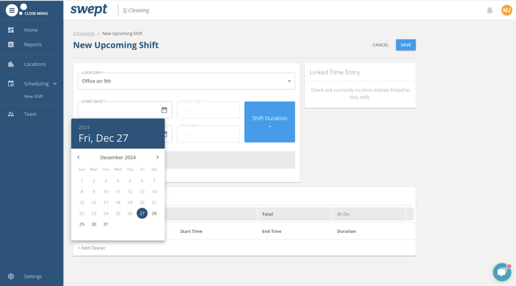 Swept dashboard showing the "New Upcoming Shift" scheduling screen with an open calendar dropdown menu for December 2024.