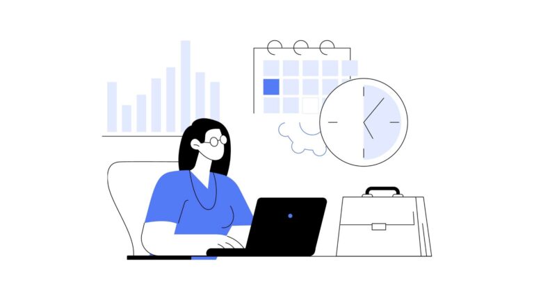 An illustration of an employee in front of a computer to illustrate Time and Attendance Apps