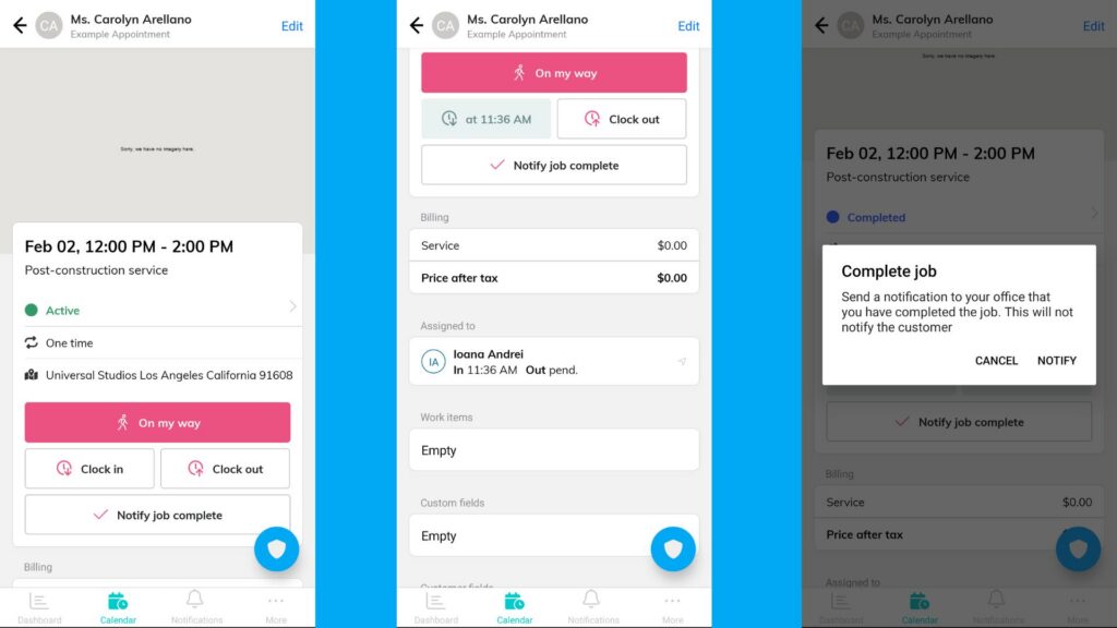 Three ZenMaid mobile app screens displaying appointment details, status tracking, and a job completion pop-up window.