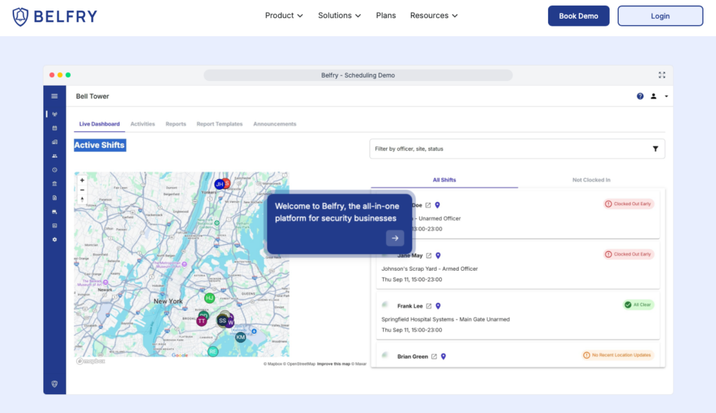 Belfry&rsquo;s dashboard shows where guards are and who has clocked in.