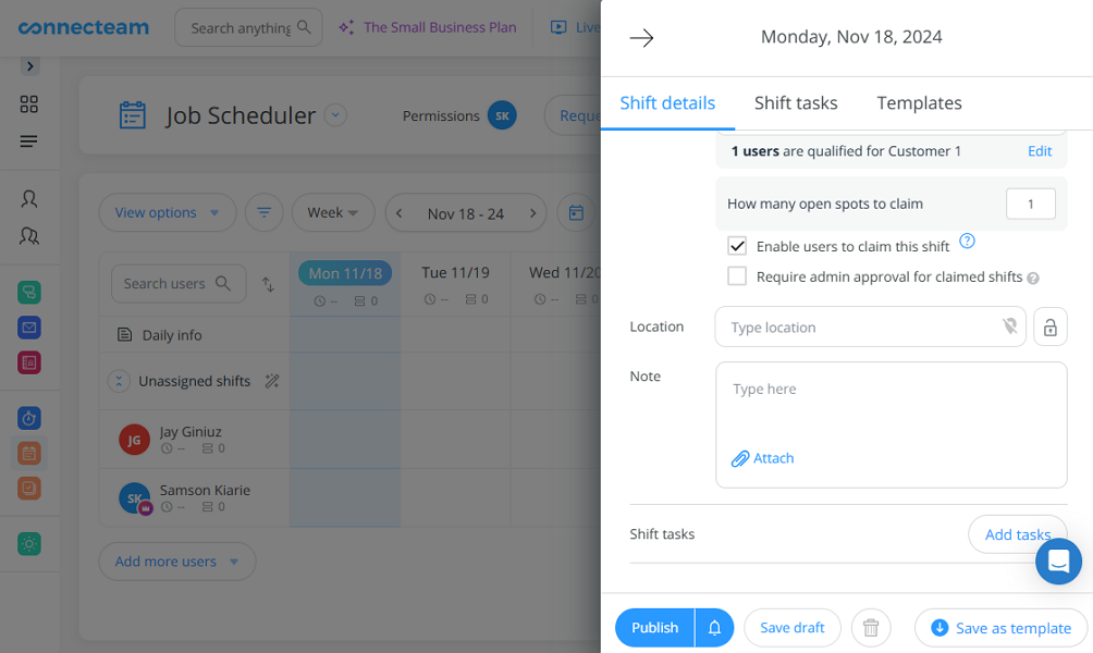 Screenshot showing Connecteam scheduling window