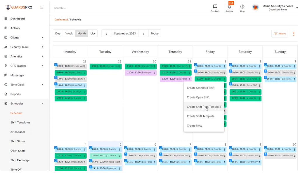 Screenshot showing GuardsPro scheduling page