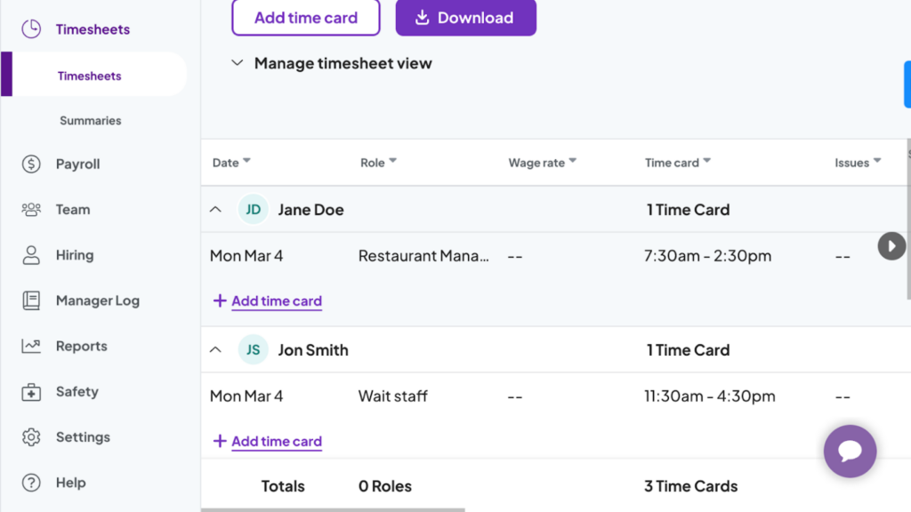 Homebase timesheets view with employee shifts and time cards.