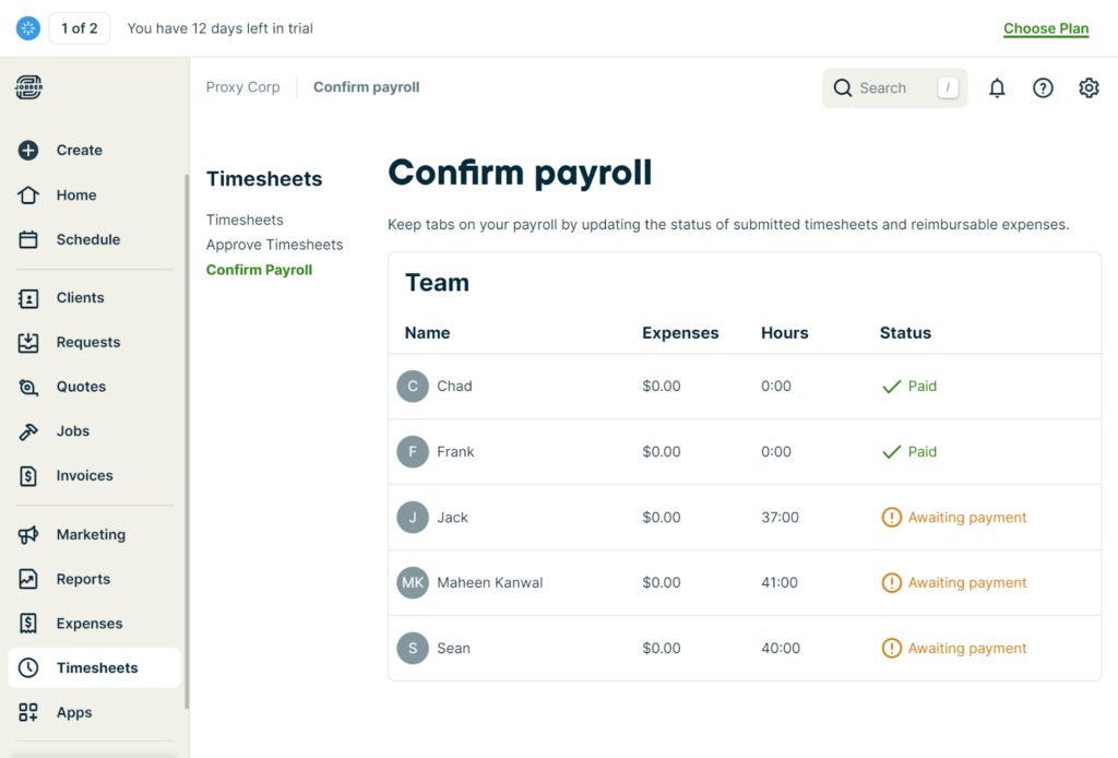 Jobber user interface dashboard showing the "Confirm payroll" screen, displaying a team list with expenses, hours, and payment statuses.