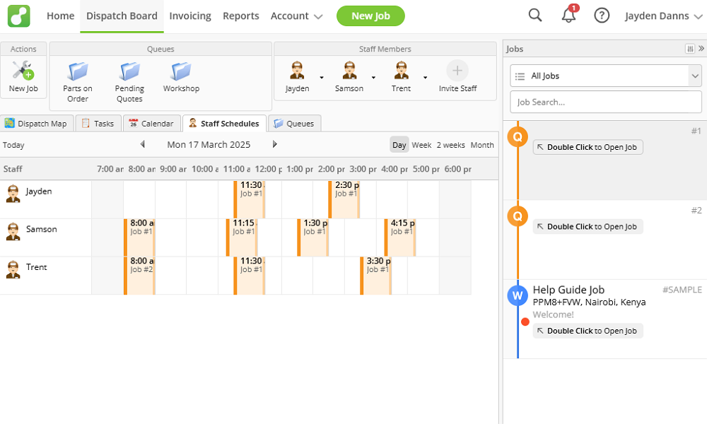 ServiceM8 "Dispatch Board" showing an hourly staff schedule view next to a sidebar list of active jobs.