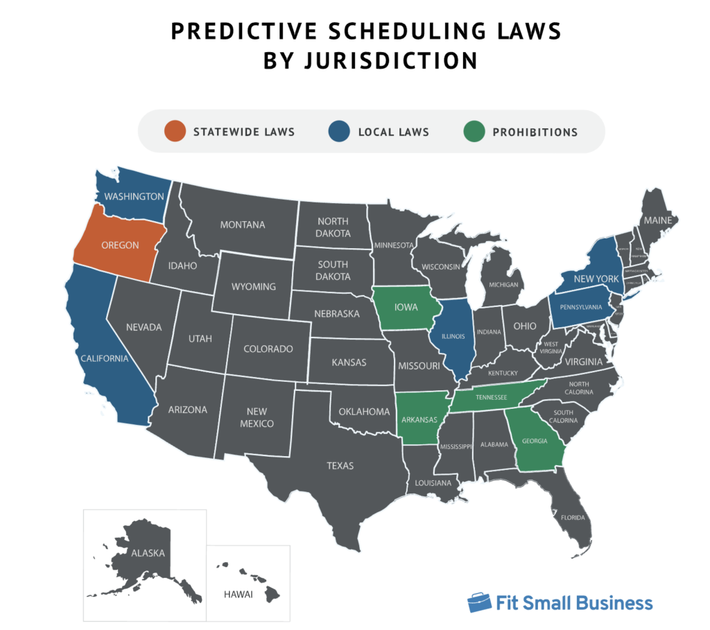 A map of the US showing the states that have enacted predictive scheduling laws