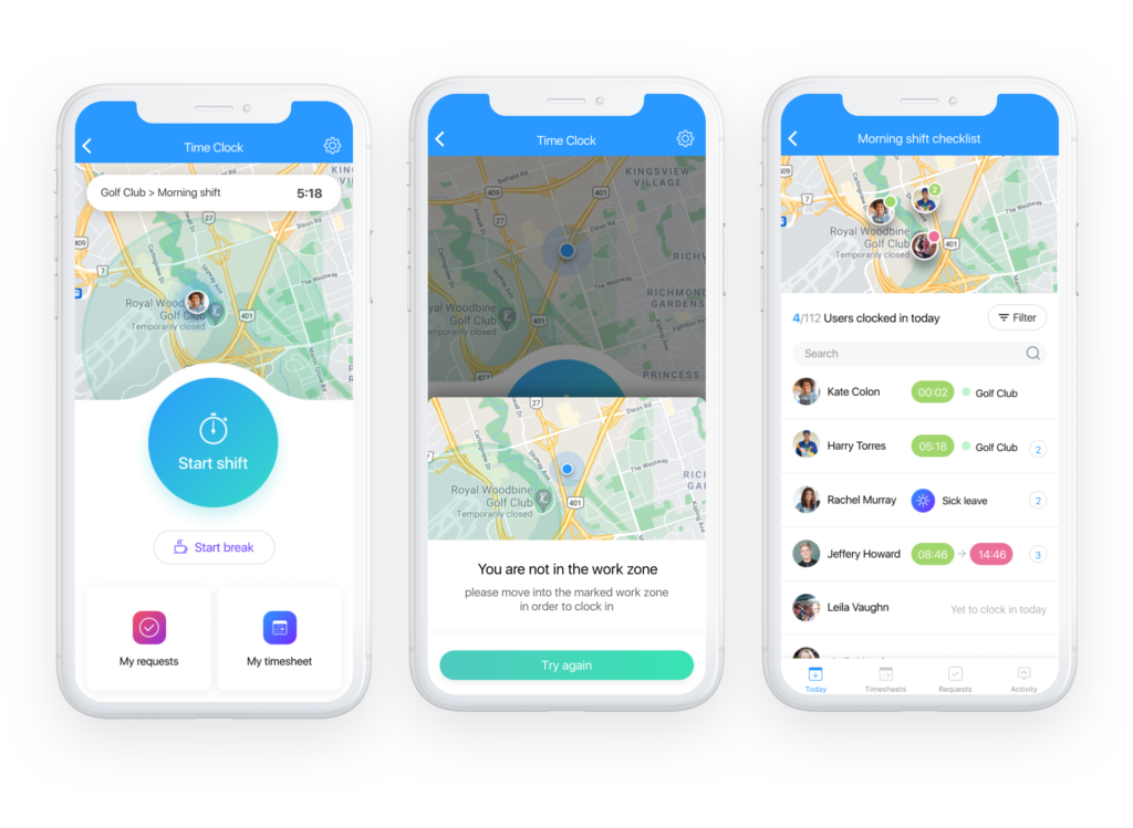 three mockups showing clock in and statuses 