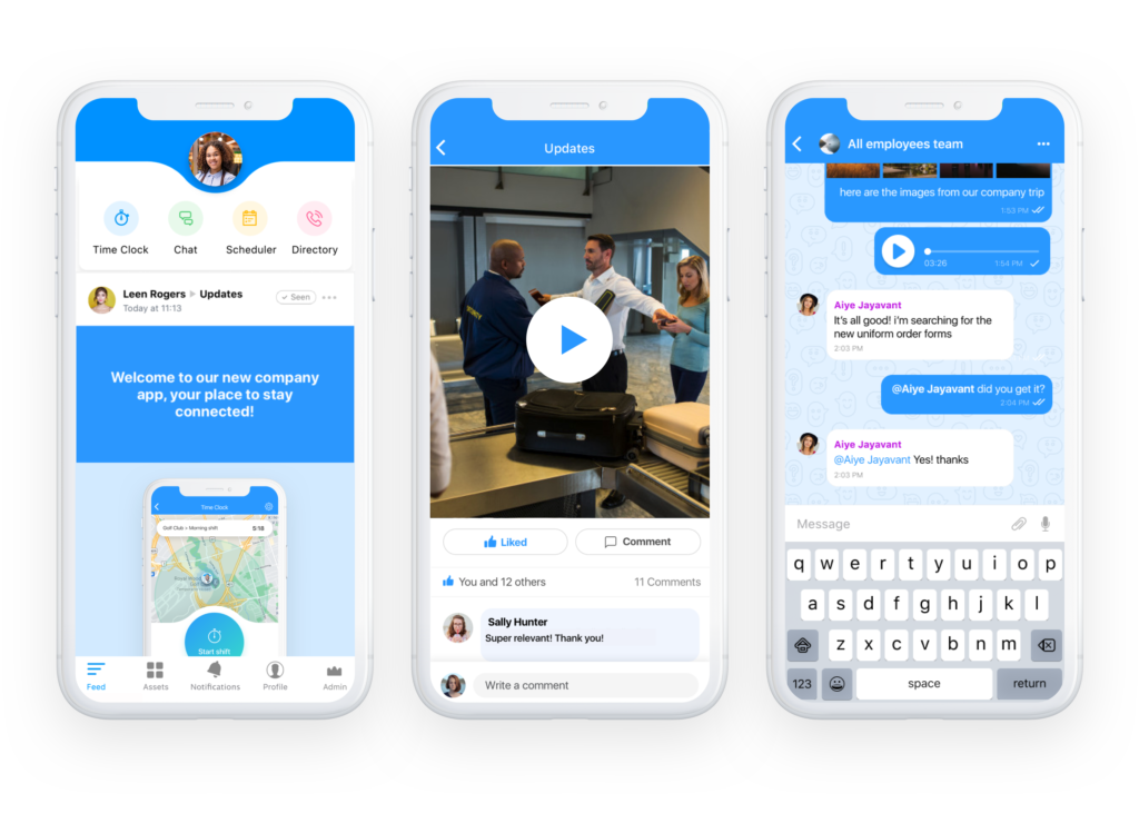 3 mockups of Connecteam feed, updates and in-app chat 