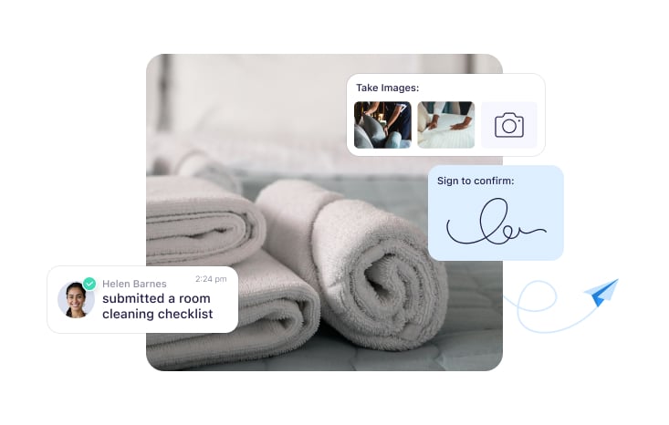 Tasks, forms, and signatures in the Conecteam app with hotel towels in the background