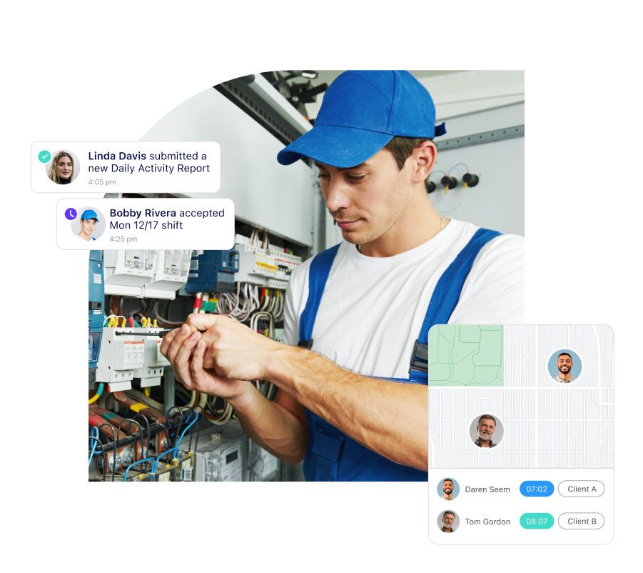 Man working with a screenshot of Connecteam Operations features