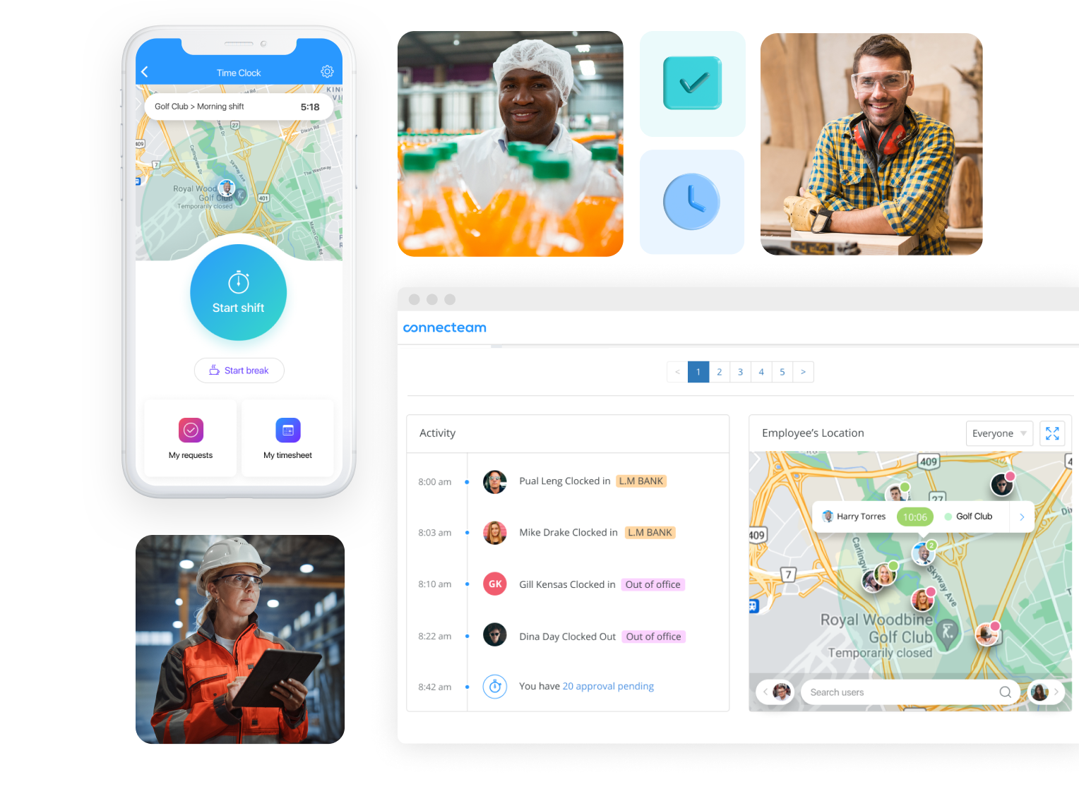 Employee management app for manufacturing with real-time reports & checklists, time clock and scheduling