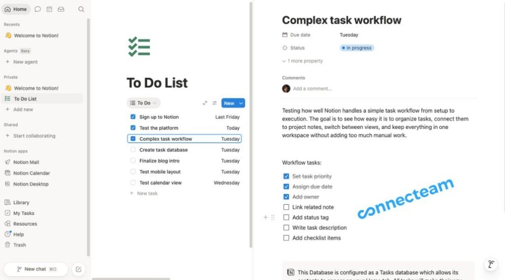 Screenshot of a Notion to-do list and task detail view showing a &ldquo;Complex task workflow&rdquo; item with due date, status, description, and a checklist of workflow tasks.