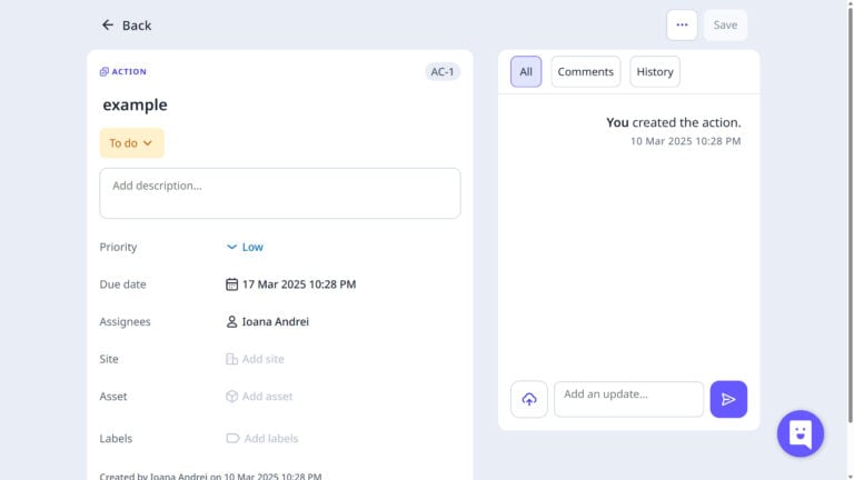 SafetyCulture action detail screen showing a "To do" task assigned to Ioana Andrei, due March 17, 2025, with low priority and an activity panel on the right.
