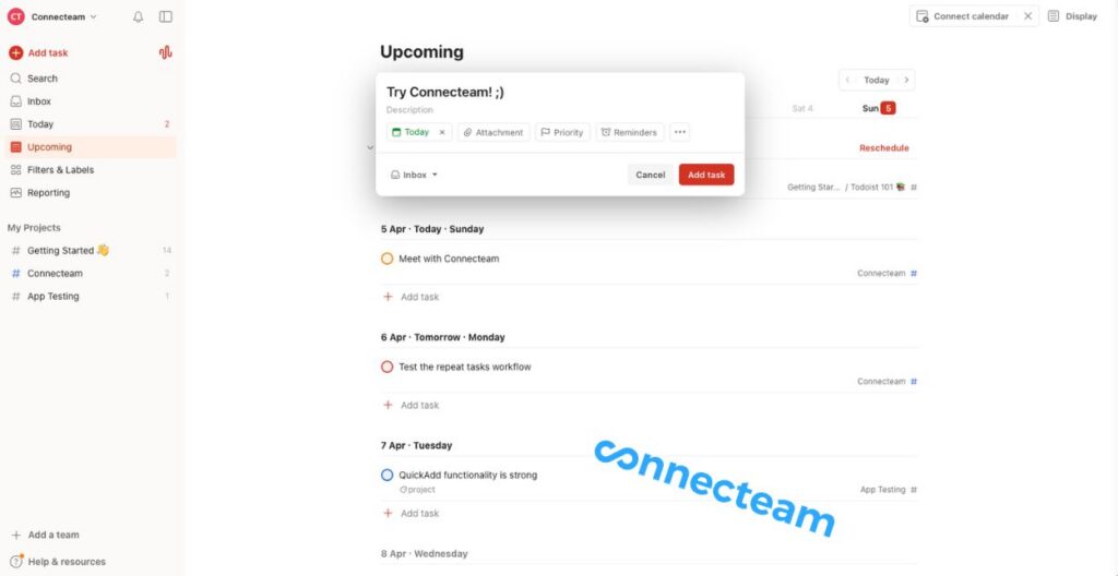 Todoist&rsquo;s Upcoming view, with a Connecteam project visible.