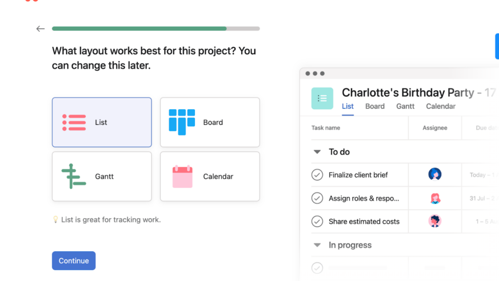 Project setup screen prompting users to choose a layout &mdash; List, Board, Gantt, or Calendar &mdash; with a sample task list preview on the right.