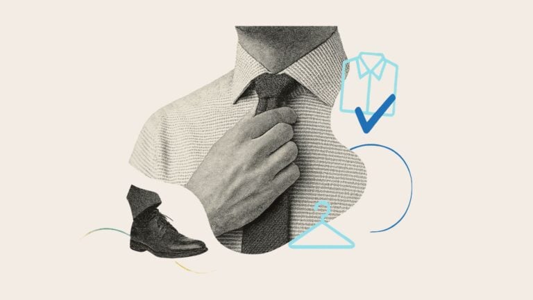 A collage of a man tying his tie and dress shoes