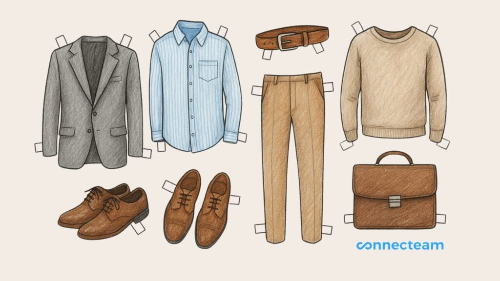 Illustration of paper doll-style business casual clothing and accessories for men, including a gray blazer, blue striped shirt, tan trousers, brown belt, beige sweater, two pairs of brown dress shoes, and a brown briefcase. The Connecteam logo appears in the bottom right corner.
