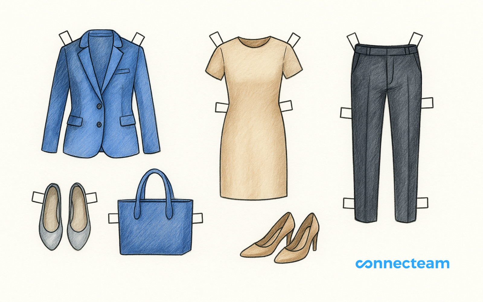 Illustration of paper doll-style business casual clothing and accessories for women, including a blue blazer, beige dress, dark gray trousers, gray flats, beige high heels, and a blue handbag. The Connecteam logo appears in the bottom right corner.