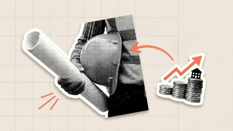 A collage of a construction worker with a blueprint and hardhat next to a pile of money