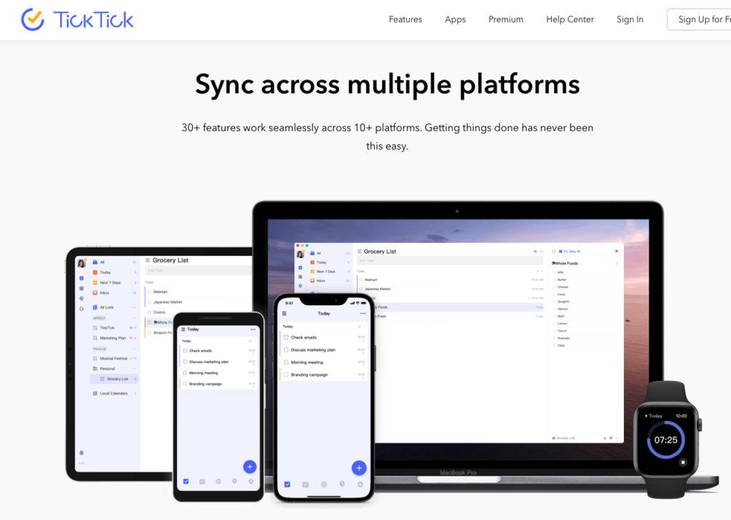 TickTick planner app web Page