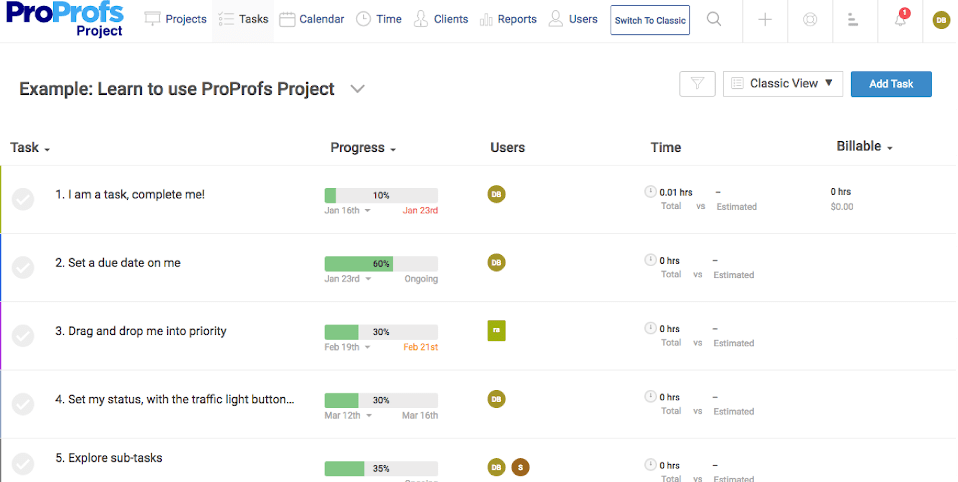 ProProfs project user interface