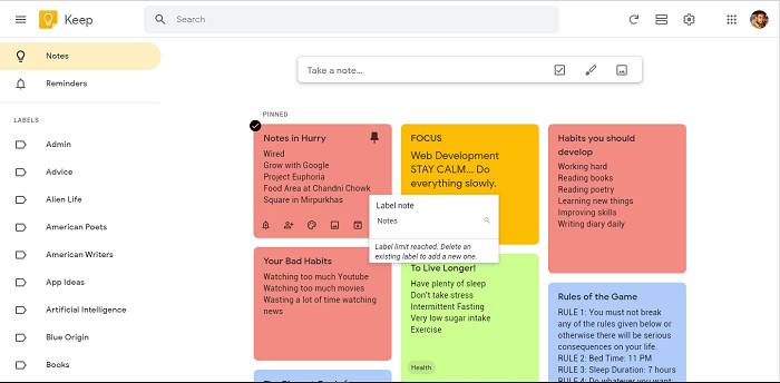colorful full board of google keep's to do list application