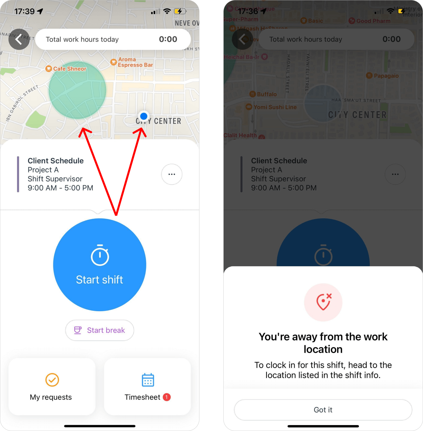 A graphic showing the Connecteam geofence capabilites