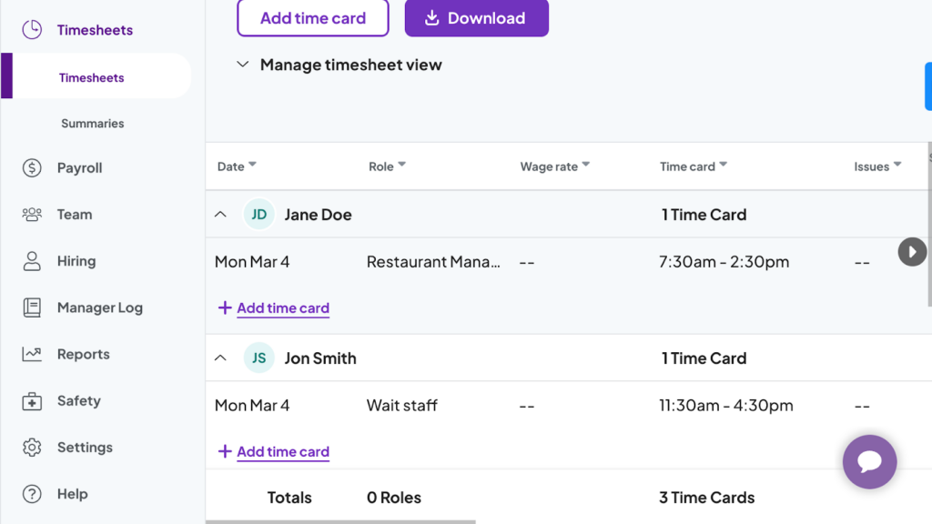 Image of Homebase's manager timesheet view