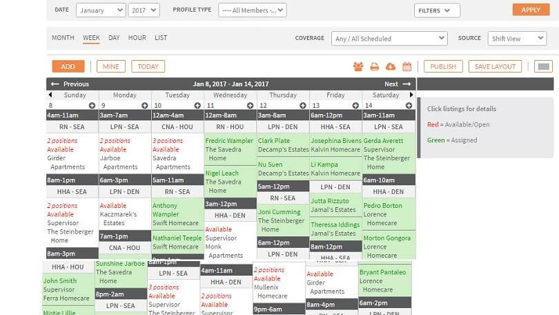 screenshot of shiftboard app's work schedule