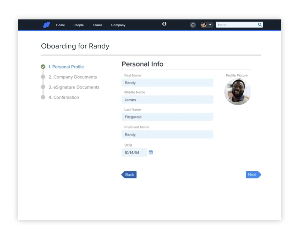 Namely HRIS user interface of onboarding personal profile