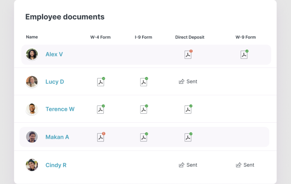 Homebase HRIS user interface of document feature