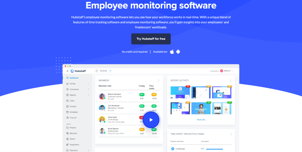 hubstaff employee monitoring software web page
