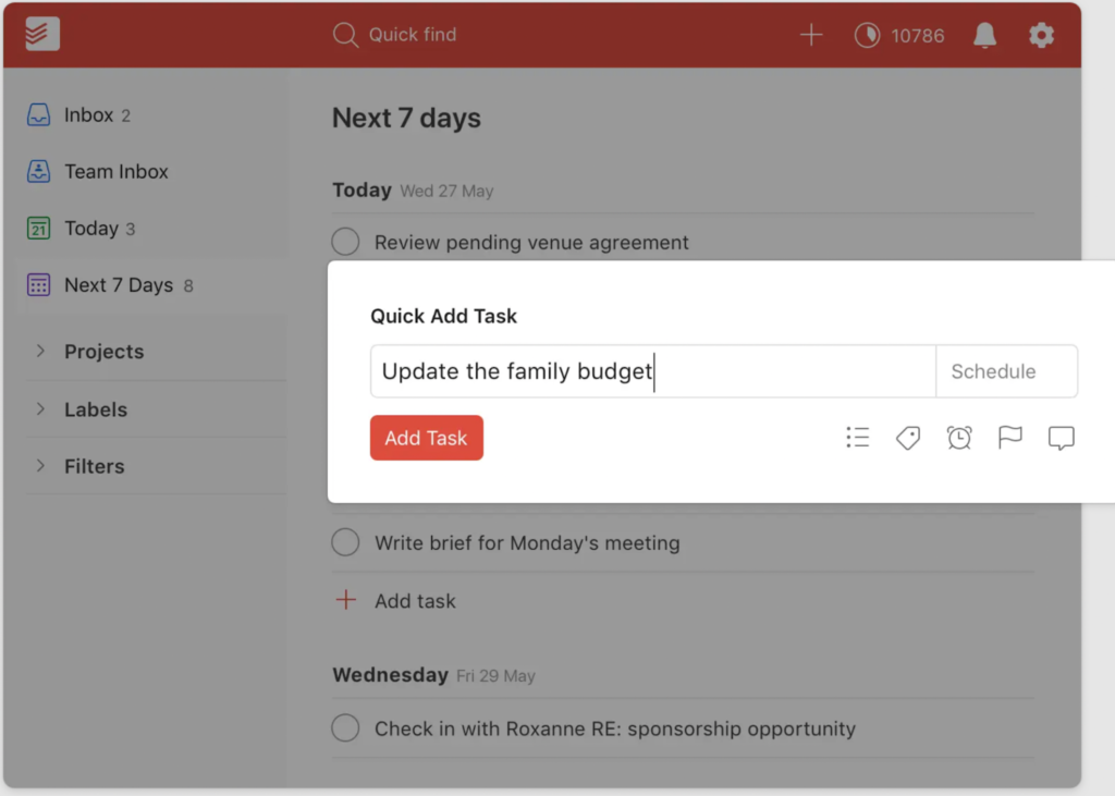 Todoist free task management software user interface for adding a quick task