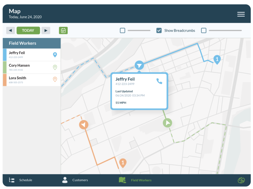 RazorSync service dispatch software user interface of tech location visibility